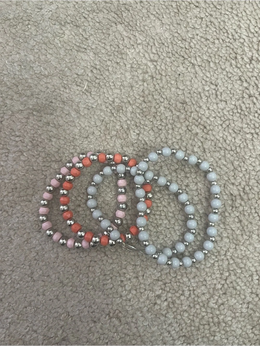 4 Beaded Stretch Bracelet Set - Coral, Pink & silver